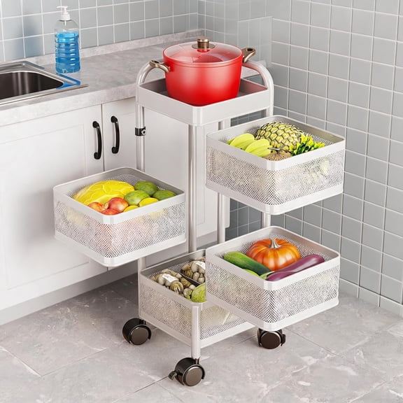 4-Tier White Thickened Carbon Steel Rotating Kitchen Storage Cart with Wheels, Mobile Utility Rack with Top Lid, Fruit Vegetable Basket, Rotating Produce Organizer for Bathroom Living Room