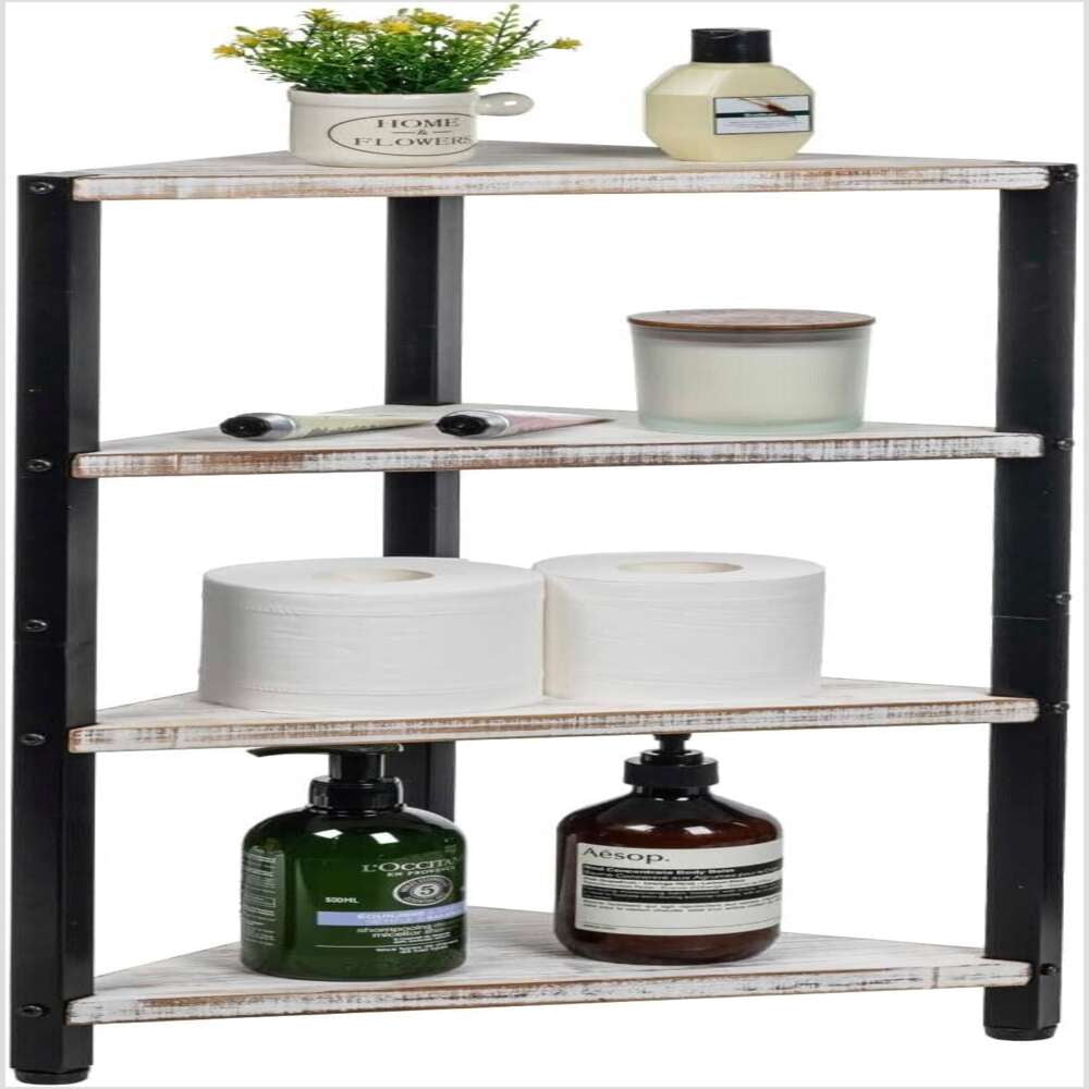 4 Tier White Wood and Black Metal Bathroom Corner Standing Shelf ...