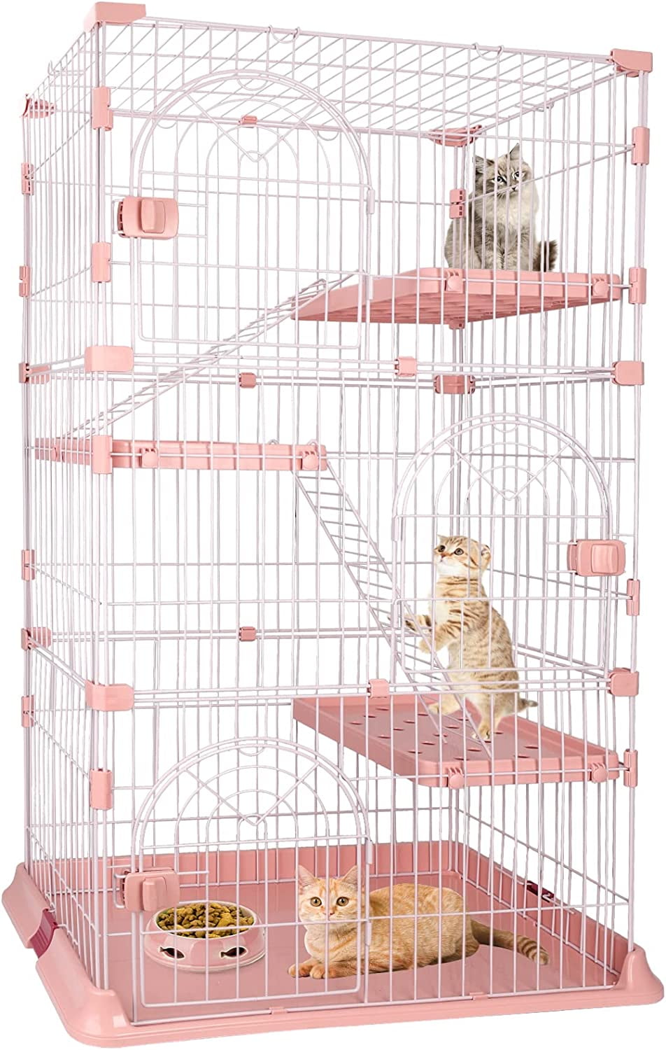 4-Tier Wire Cat Cage Playpen Kennel, 64 Inch Cat Catios Large Space for 1-3 Cats, Pink Cat Crate with 3 Platforms 3 Front Doors 2 Ramp Ladders
