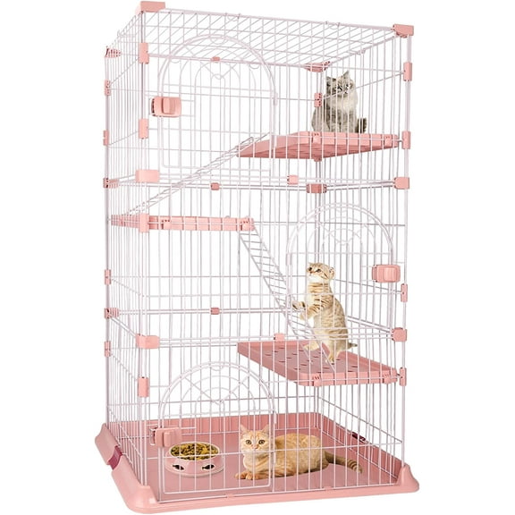 4-Tier Wire Cat Cage Playpen Kennel, 64 Inch Cat Catios Large Space for 1-3 Cats, Pink Cat Crate with 3 Platforms 3 Front Doors 2 Ramp Ladders