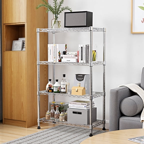 Heavy Duty 4-Tier Steel Storage Shelving Unit, 1000 lbs Load Capacity Utility Wire Rack, Commercial Grade Organizer for Home Kitchen Garage Office, Chrome (13.7"D x 23.6"W x 53.4"H)