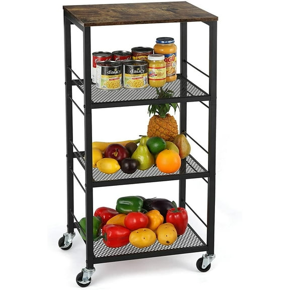4-Tier Wire Storage Rolling Cart Mesh Shelves Wood Table