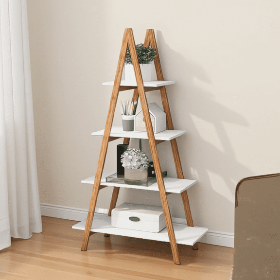 4-Tier Wood A-Frame Ladder Shelf Bookcase Open Display Stand Storage Rack