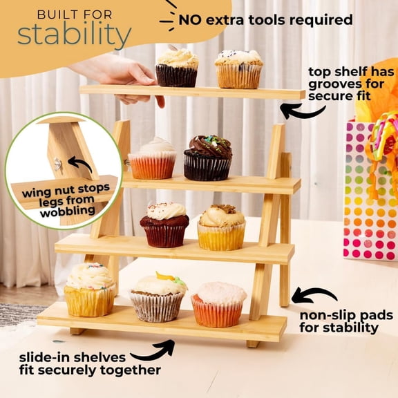4-Tier Wood Cupcake Stand, Durable & Easy to Assemble Cupcake Holder, Collapsible Display Risers w/ Non-Slip Pads, Rustic Dessert Display Stands for Baby Shower Decorations, Vendor Fairs & More