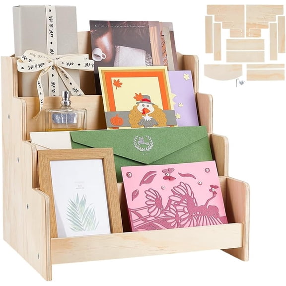 4-Tier Wood Display Riser Stands for Brochures Rectangle Old Lace 26x30.5x33.5cm Craft