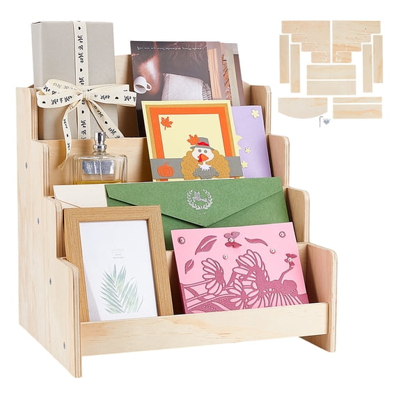 4-Tier Wood Display Riser Stands for Brochures Rectangle Old Lace 26x30.5x33.5cm