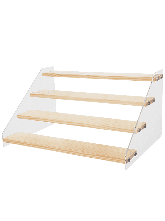 4-Tier Wood Display Riser, Wood& Acrylic Display Shelf, Riser Display Stand for Action Figure, Doll, Perfume, Cupcake, Toy, Jewelry, Makeup