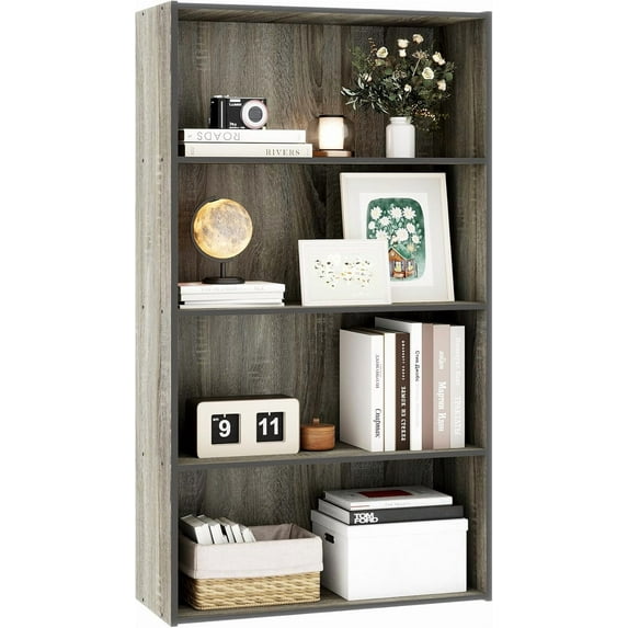 4-Tier Wood Open Bookshelf, Engineered Wood Rustic Book Shelves with 3 Shelves, 9 Inch Deep Small Bookcase for Small Spaces, Book Shelves for Bedroom, Living Room, Gray