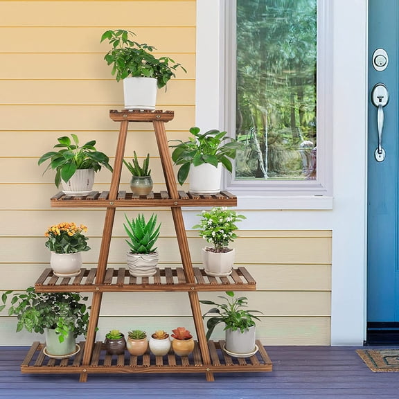 4 Tier Wood Plant Stand Indoor Outdoor A Frame Plant Display Shelf for Multiple Plants Flower Pot Holder Rack, Living Room Balcony