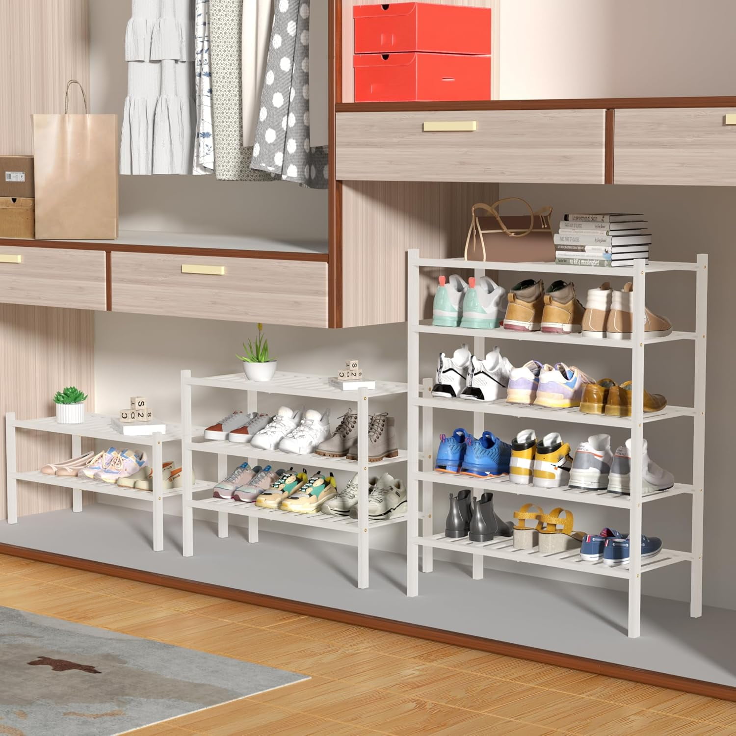 View of 4-Tier Wood Shoe Organizer Bamboo Shoe Rack Stackable Design Compact Storage Solution for Small ...
