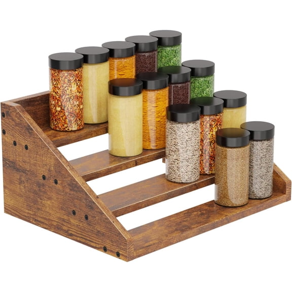 4 Tier Wood Spice Rack Organizer for Cabinet, Super Sturdy Display Riser Shelf Seasoning Organizer for Countertop Pantry Cupboard, Retro Storage Holder for Kitchen Condiment Jar Spice Container