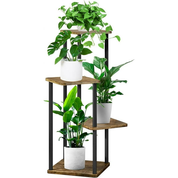 4 Tier Wood Tall Plant Stand Metal Rack Indoor, Multiple Flower Pot Holder Shelves Corner Rack, Planter Shelf Display Rack Storage Organizer for Patio Living Room Balcony Garden(Black)