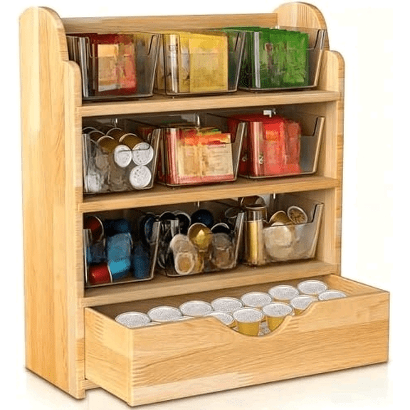 4 Tier Wood Tea Bag Organizer, 15"x12.3"x4.5" Vertical Tea Storage Holder, Teabag Station Stand with 9 Plastic Box, Tea Packet Rack with Slide Drawer, Teabag Cabinet Shelf for Sugar and Creamer