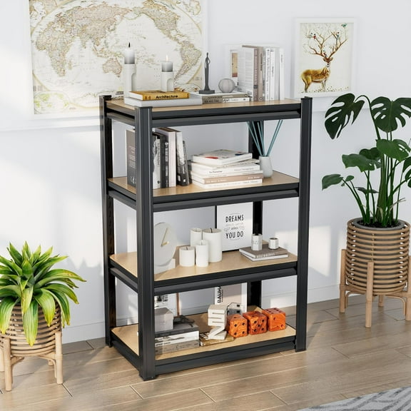 4 Tier Wooden Book Shelf - Rustic Adjustable Wood Shelving Unit, Display Shelf for Living Room, Office, Bedroom, Kitchen -  Modern Bookshelves,Black