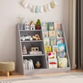 thumbnail image 1 of 4-Tier Wooden Bookshelf with Toy Storage Bins, Multifunctional Children Bookcase Display Stand Organizer, Toddler Book Rack for Playroom Nursery Bedroom, Gray, 1 of 11
