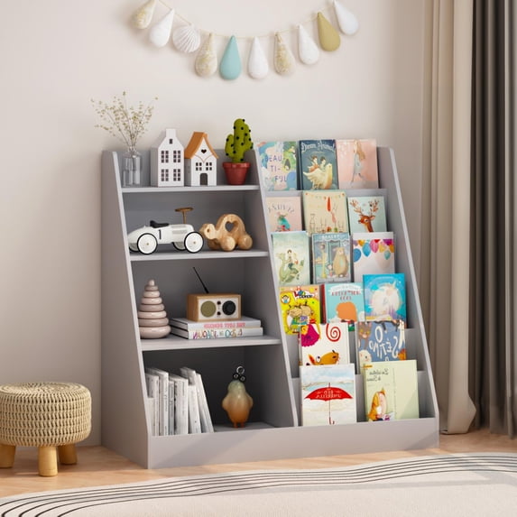 4-Tier Wooden Bookshelf with Toy Storage Bins, Multifunctional Children Bookcase Display Stand Organizer, Toddler Book Rack for Playroom Nursery Bedroom, Gray