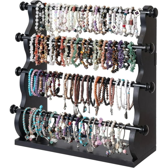 4 Tier Wooden Bracelet Holder, Bangle Watch Necklace Display Storage Antique Bracelet Display Stand Jewelry Holder Stand for Store, Showcase and Home Storage Black 4 Tier Wooden Bracelet Holder