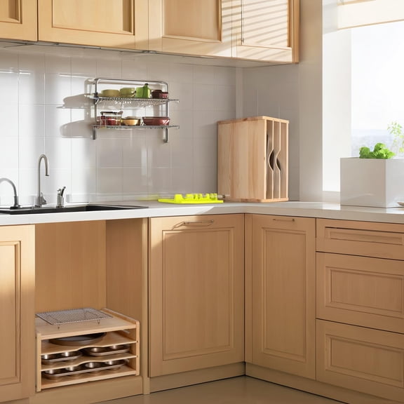 4 Tier Wooden Cabinet Tray Dividers for Baking Trays, Pans & Cutting Boards - 16.61" Wx12.4 Dx8.94 H Vertical Cookie Sheet Organizer