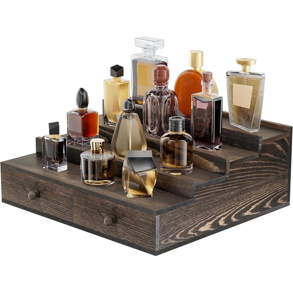Wood Cologne Organizer for Men,13 Inch 4 Tier Cologne Stand Waterproof Perfume Organizer for Dresser with Anti-Slip Washers, Wooden Display Risers Stand for Makeup, Perfume