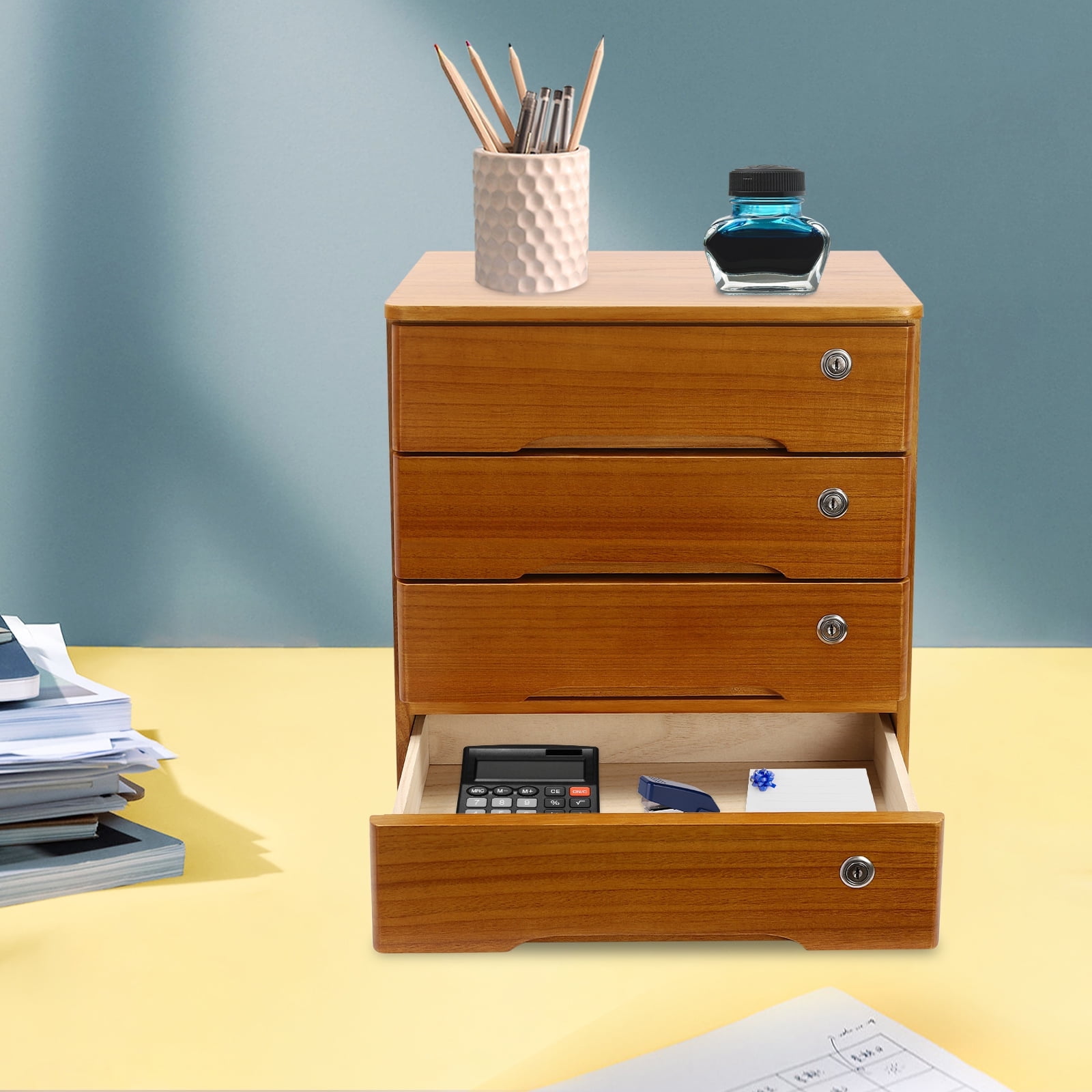 4 Tier Wooden Desktop Storage Box with Lockable Drawers, Office Supplies File Organizer, Art Storage Cabinets, Multipurpose Tool Box for Home Office(Wood Yellow)