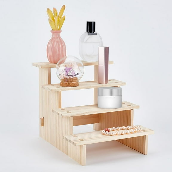 4-Tier Wooden Display Riser Shelf Antique White Tabletop Small Food Stand Risers Display Makeup Step Perfume Organizer 9.41x7.87x7.36inch