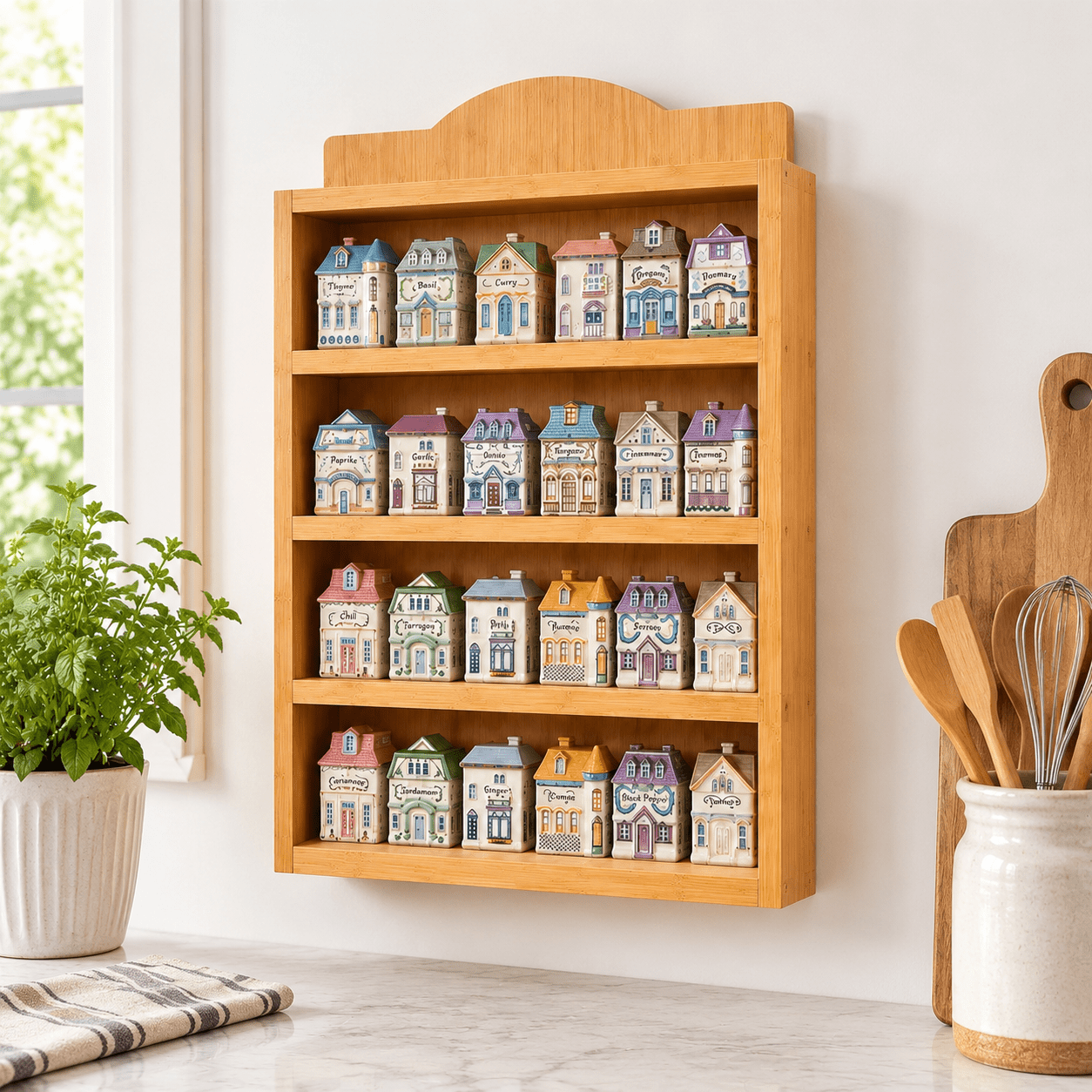 4-Tier Wooden Farmhouse Wall Mounted Spice Rack for 24 House-Shaped ...
