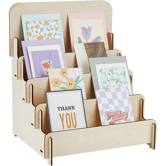 4-Tier Wooden Greeting Card Display Stand Sticker Display Stand Vendors Postcard Organizer Retail Display Racks Multipurpose Brochure Holder 26.5x28x44.5cm Making DIY