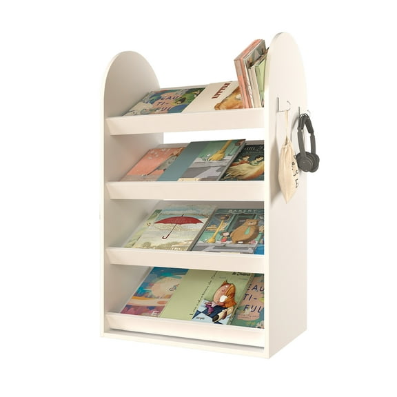 4-Tier Wooden Kids Bookshelf - Front Facing Montessori Book Display with 4 Hooks for Bags/Toys, Classroom, Playroom & Nursery (White)