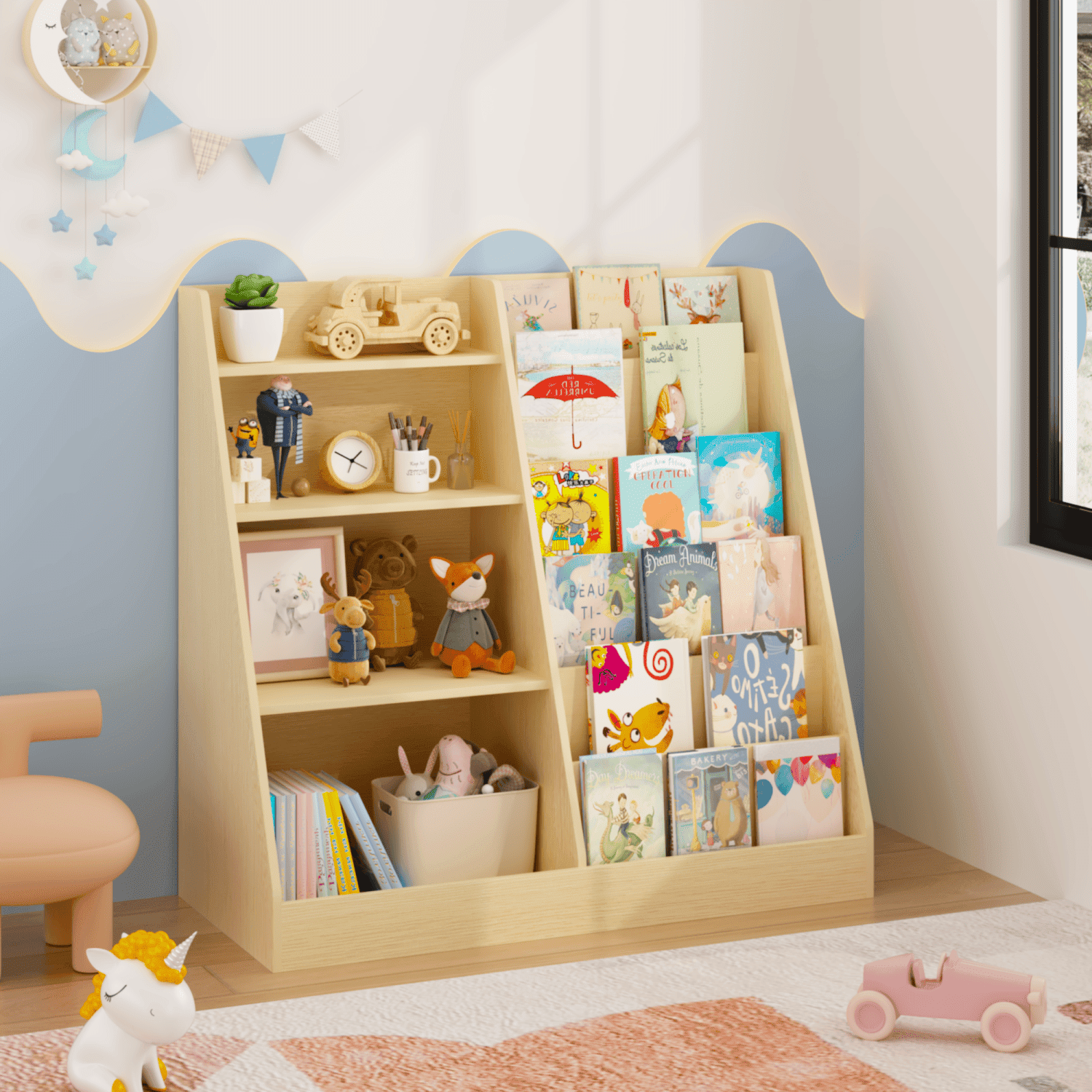 4 Tier Wooden Kids Bookshelf, MDF Multifunctional Bookcase Toy Storage Organizer with Anti-Tip Device, Display Stand for Toddlers, Ideal for Kids Room Playroom Nursery Living Room