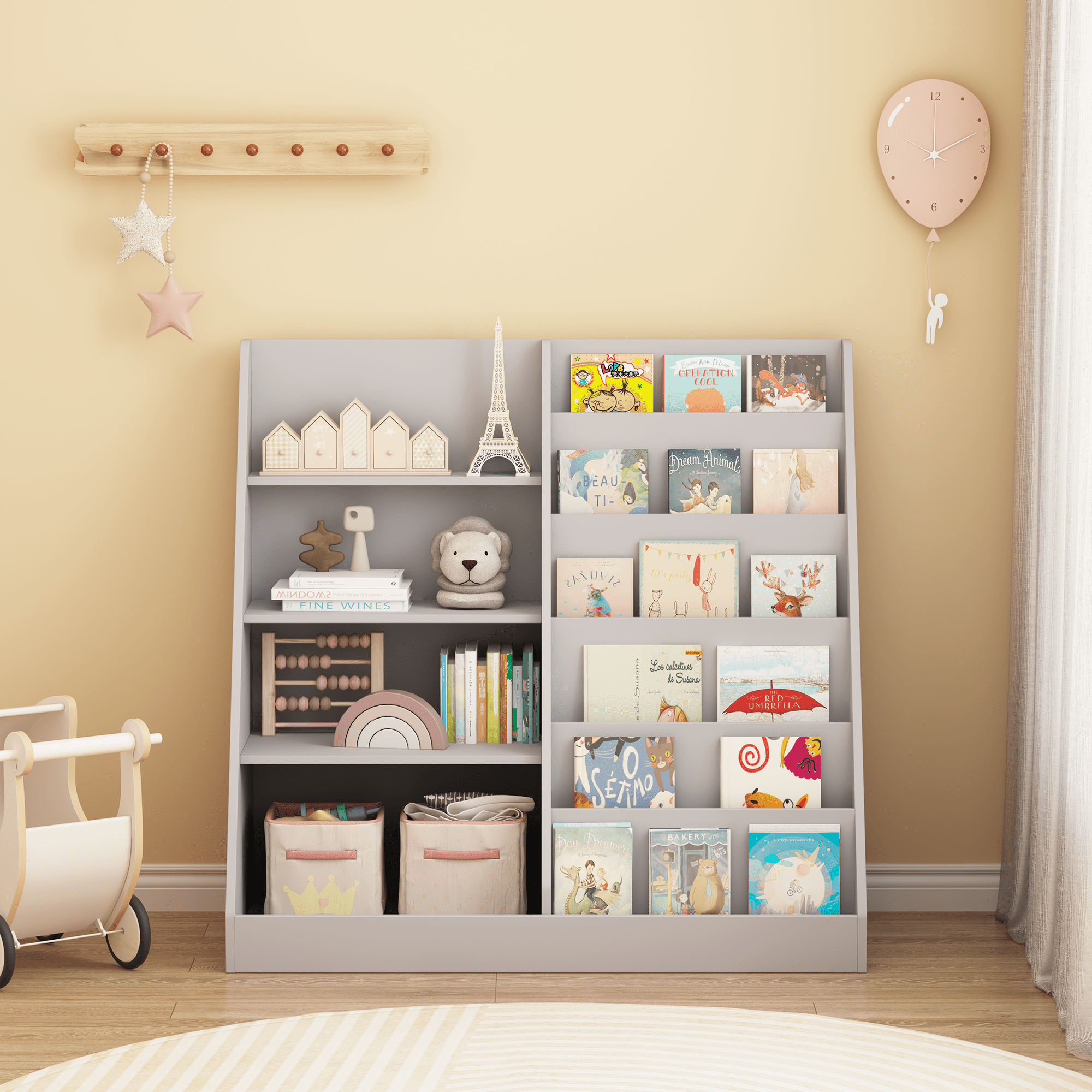 4 Tier Wooden Kids Bookshelf, Multifunctional MDF Bookcase Toy Storage Organizer, Display Stand for Toddlers Children, Suitable for Kids Room Playroom Nursery