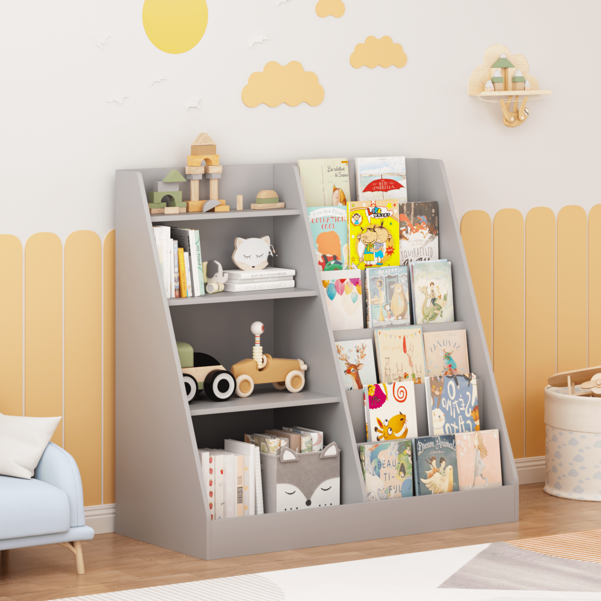4‑Tier Wooden Kids Bookshelf Toy Storage Organizer, MDF Multifunctional Book Display Stand, Gray Storage Shelf for Toddlers Playroom Nursery Kids Bedroom