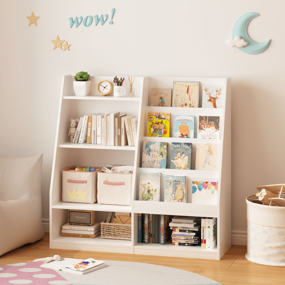 4 Tier Wooden Kids Bookshelf and Toy Storage Organizer, Multifunctional ...