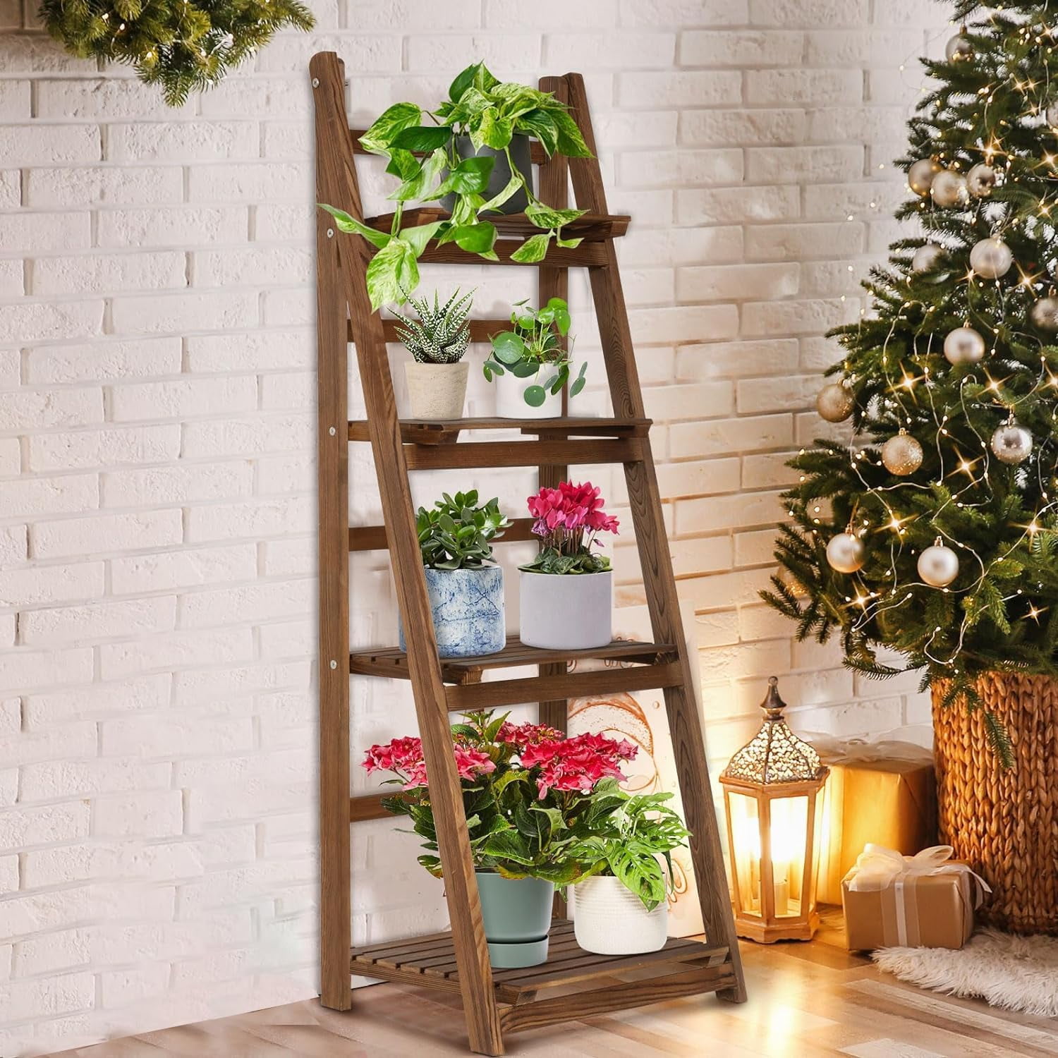 Brown Pine Wood 4-Tier Ladder Shelf for Plants and Decor