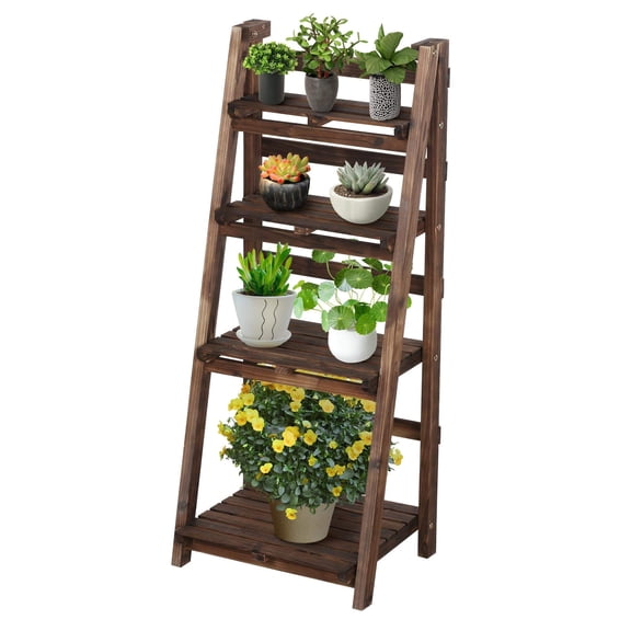 4 Tier Wooden Ladder Shelf, Foldable Plant Stand for Indoor Outdoor, Sturdy Fir Wood Storage Rack for Garden Balcony Living Room, No Assembly Needed, Brown
