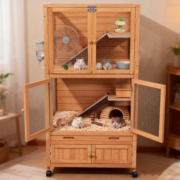 4-Tier Wooden Large Hamster Cages on wheel with 6 Magnetic Doors and Storage Shelf, Natural