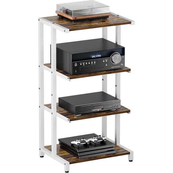 4-Tier Wooden Media Stand, AV Media Stand Corner Shelf for TV Accessories/Audiovisual Equipment/Optical Disc/PS4, Audio Storage Rack for Living Room, Gaming Room, Music Studio, White
