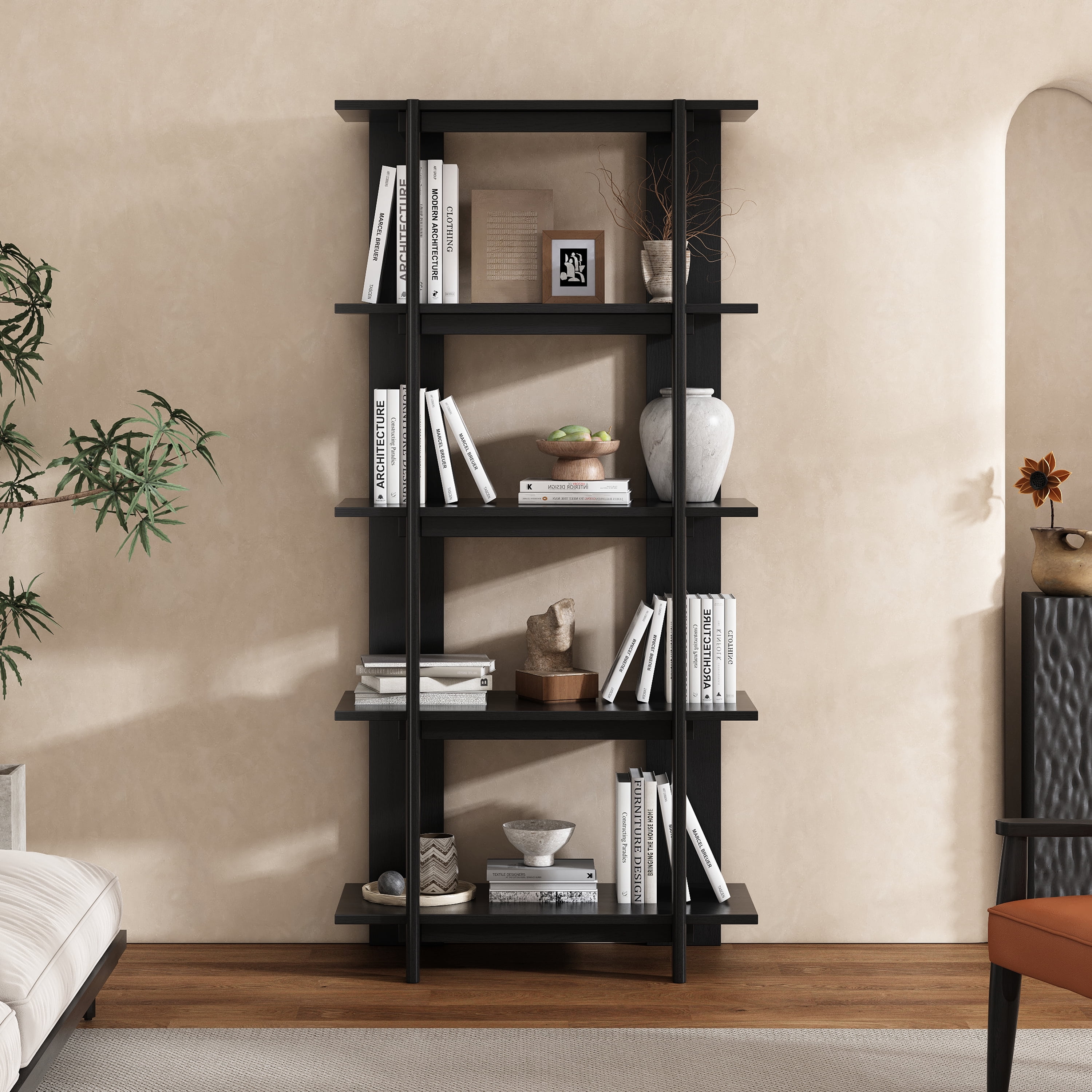 4-Tier Wooden Open Bookcase, Modern Acacia Wood Display Bookshelf