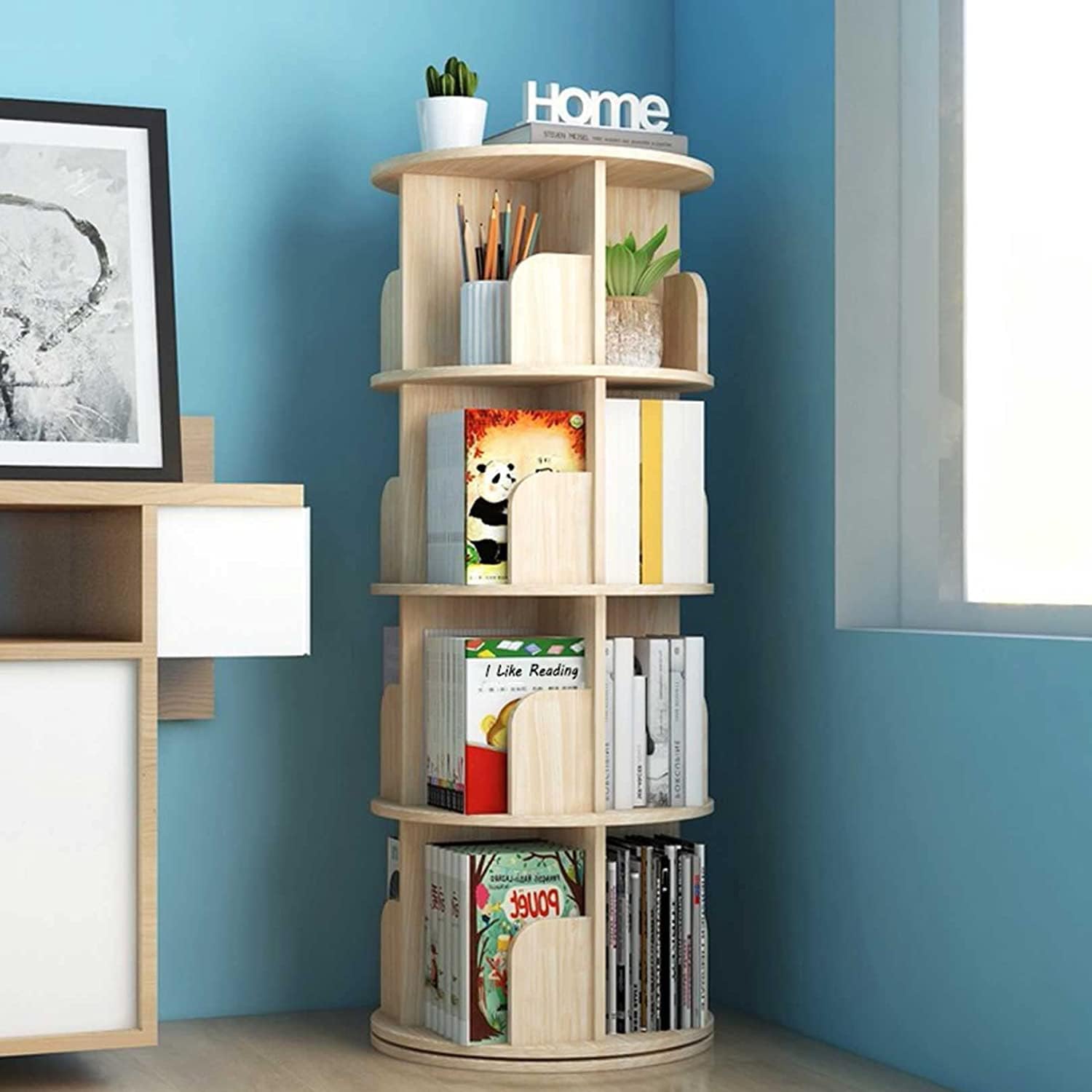 4Tier Wooden Rotating Bookshelf,Natural Solid Wood Revolving Floor