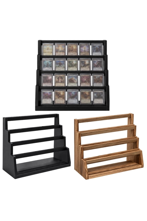 4-Tier Wooden Trading Card Display Stand, Vintage Style Sports Card Rack for Football Cards, Multi-Layer Organizer with Deep Grooves, Ideal for Collectors & Hobbyists (Brown)