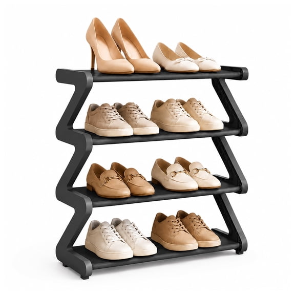 4-Tier Z-Shaped Shoe Rack, Freestanding Plastic Shoe Storage Organizer with Gold Connectors, Stackable Shoe Shelf for Entryway Closet Living Room, Black