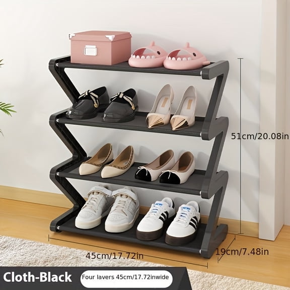 4-Tier Z-Shaped Shoe Rack, Freestanding Shoe Storage Organizer with Gold Connectors, Stackable Plastic Shoe Shelf for Entryway, Closet and Living Room