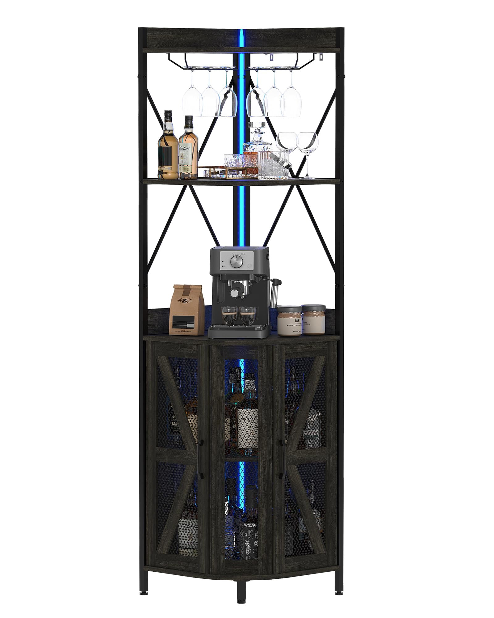 Metal Wine Rack Storage 4-Tier collapsible Corner Bar Cabinet with LED Lights, Detachable Wine ...