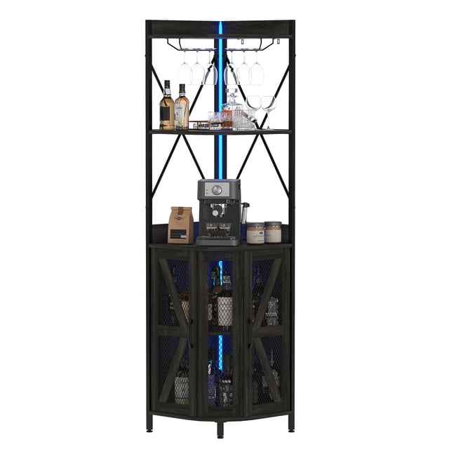 4-Tier collapsible Corner Bar Cabinet with LED Lights, Detachable Wine ...