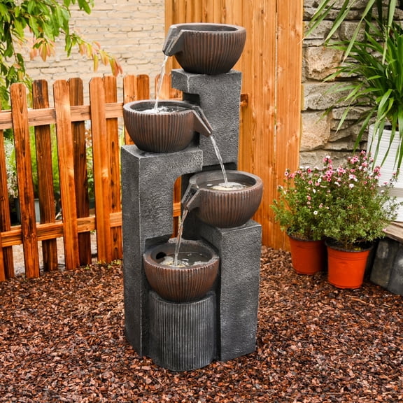 4 Tiered Cascading Outdoor Water Fountain with LED Lights 39.37H Floor-Standing Garden Waterfall Fountains 4 Bowls Water Feature Fall for Patio Yard Porch Home Art Decor