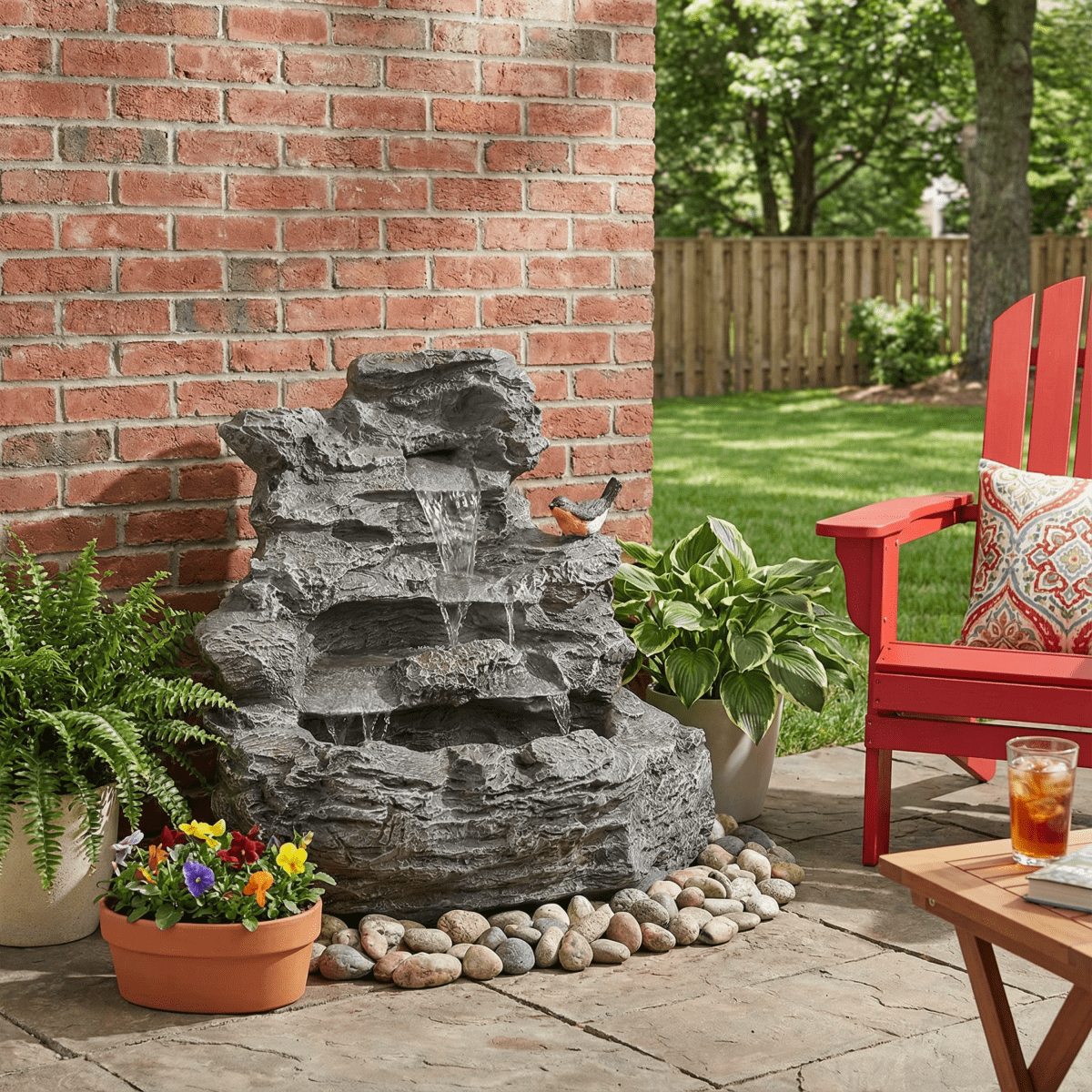 4-Tiered Concrete Rock Waterfall Fountain 20.8"H with LED Lights Weather-Resistant Outdoor Garden Decor with Soothing Water Sound Ambiance