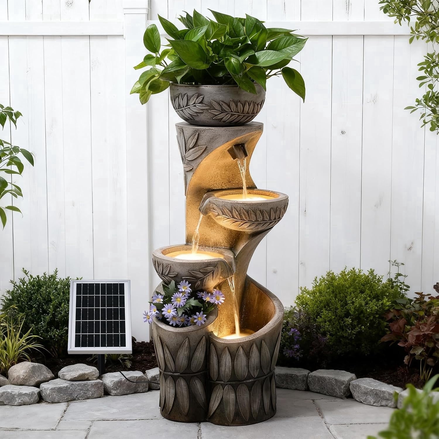 4 Tiered Solar Water Fountain Outdoor Garden, 35.6" Tall Cascading Bowl Leaf Carved Outdoor Waterfall Fountains Modern Water Feature with Dual Planters for Garden, Patio, Deck, Yard, Indoor Decor