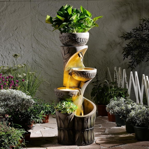 4 Tiered Water Fountain Outdoor, 35.6" Tall Cascading Bowl Leaf Carved Outdoor Waterfall Fountains Modern Water Feature with Dual Planters for Garden, Patio,Deck, Yard, Indoor Decor