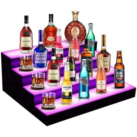 4 Tiers 16 Inch LED Lighted Liquor Bottle Display, LED Tabletop Wine Shelves with RF Remote Control, Adjustable Lighting & Colors Liquor Storage Rack for Home Bar$$Home Decor, Kitchen, & Other