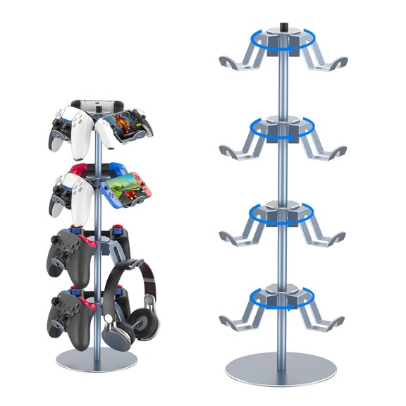 4 Tiers 360 Degree Rotatable Game Controller Stand for PS5 Xbox Nintendo Switch PS4, Aluminum Alloy Headset Holder Desk, Universal Gaming Headphone Organizer Rack, Grey