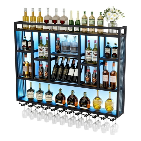 4-Tiers 59"Wine Rack Holds 50+ Bottles Wall Mounted 15 Modes LED Lights Metal Industrial Floating Bar Shelves for Liquor Display for Home Bar Cellar Decorative